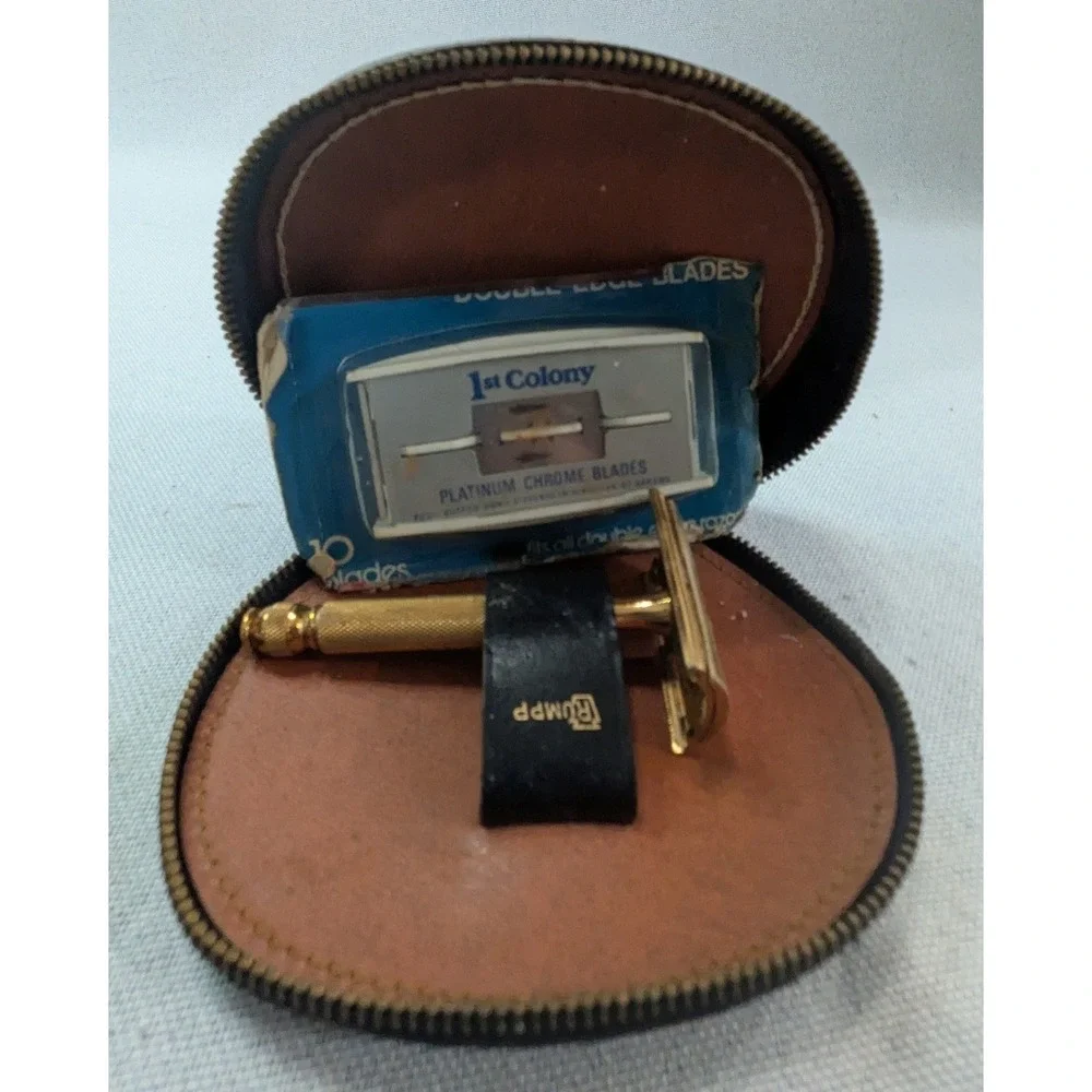 Rumpp Travel Safety Razor Men Gold Tone Black Leather Case Vintage Good Kit